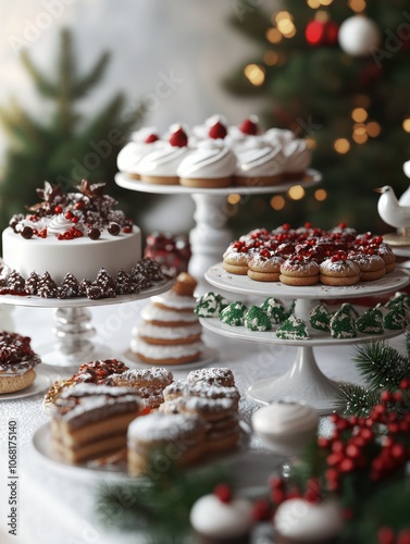 Festive Holiday Dessert Table with Christmas Cakes, Cookies, and Pastries for Seasonal Celebrations