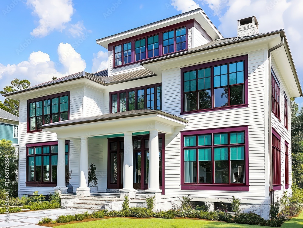 Modern white home in Georgia with turquoise window frames and maroon trim, sunny. Modern white home in Georgia with turquoise window frames and maroon trim, sunny.
