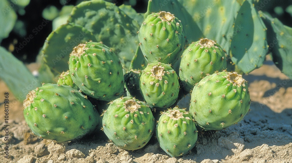 Fototapeta premium Fresh Green Pear Cactus Fruits on Sandy Background