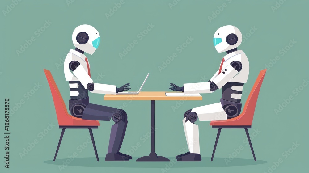 Robot Interview Panel Two Robots Having a Job Interview in Futuristic Office Setting - AI and ...