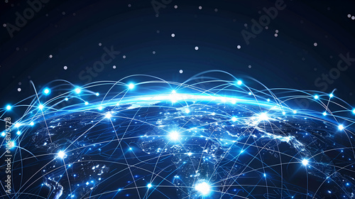 Network concept with global reach ,Blue futuristic background with planet Earth Internet and technology background photo