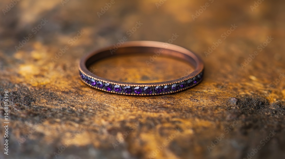 Elegant Purple Gemstone Ring on Rustic Background Elegant Purple Gemstone Ring on Rustic Background