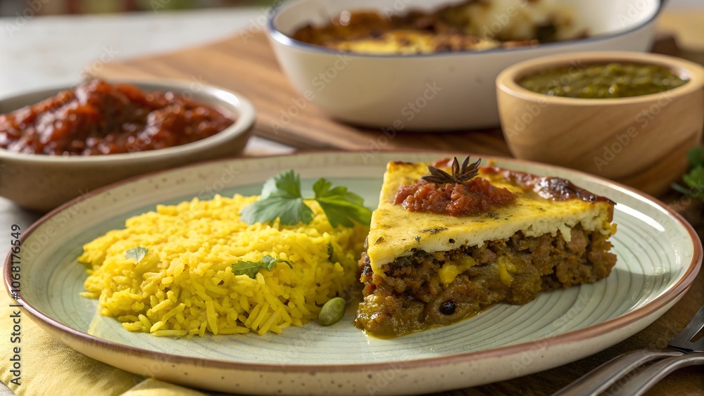 Bobotie with yellow rice and chutney on a plate Bobotie with yellow rice and chutney on a plate