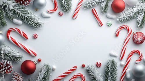 Create a festive christmas wallpaper with a snowdusted background of pine branches and decorations photo