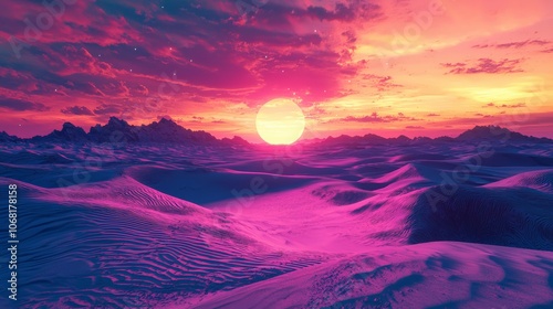 Otherworldly scenery of a desert where the sand glows in vibrant colors under a twin sun photo