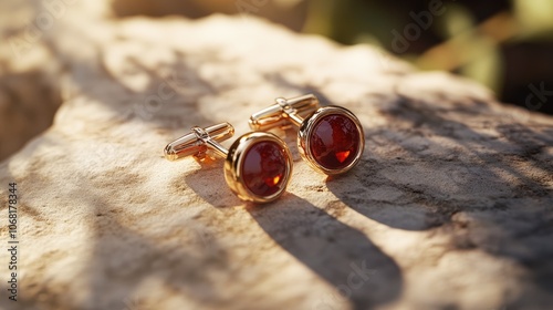 Elegant Red Cufflinks on Natural Stone Surface