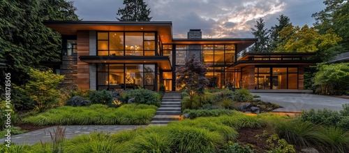 Modern residence with a vibrant lime green garden, contest winner in the Pacific Northwest.