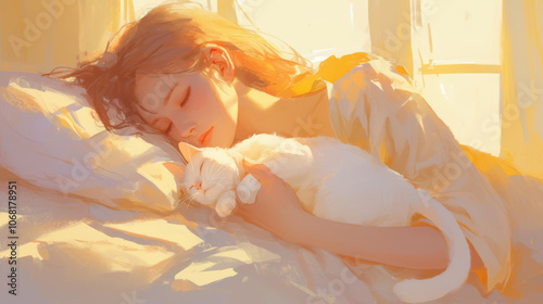 woman peacefully napping with white cat on cozy bed, bathed in warm sunlight. serene atmosphere evokes sense of calm and comfort