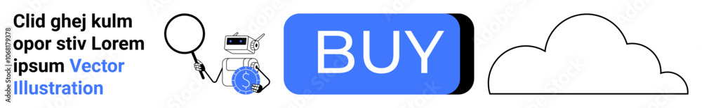Robot with magnifying glass, blue buy button, cloud symbol. Ideal for e-commerce, technology, AI, robotics, cloud computing, digital marketing, online shopping. Engaging header, landing page Robot with magnifying glass, blue buy button, cloud symbol. Ideal for e-commerce, technology, AI, robotics, cloud computing, digital marketing, online shopping. Engaging header, landing page