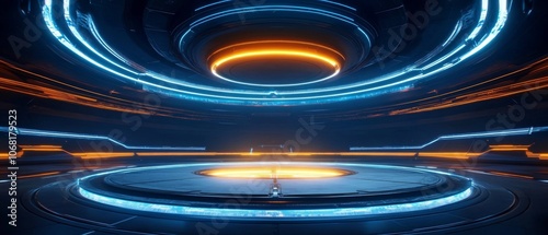 Futuristic sport arena with geometric shapes, glowing highlights, and room for text.