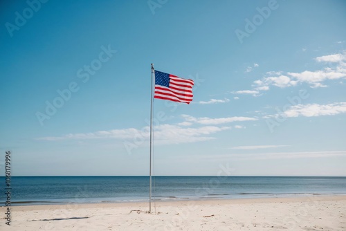 American flag on a sandy beach with the ocean and clear blue sky in the background. Patriotic symbol by the sea.