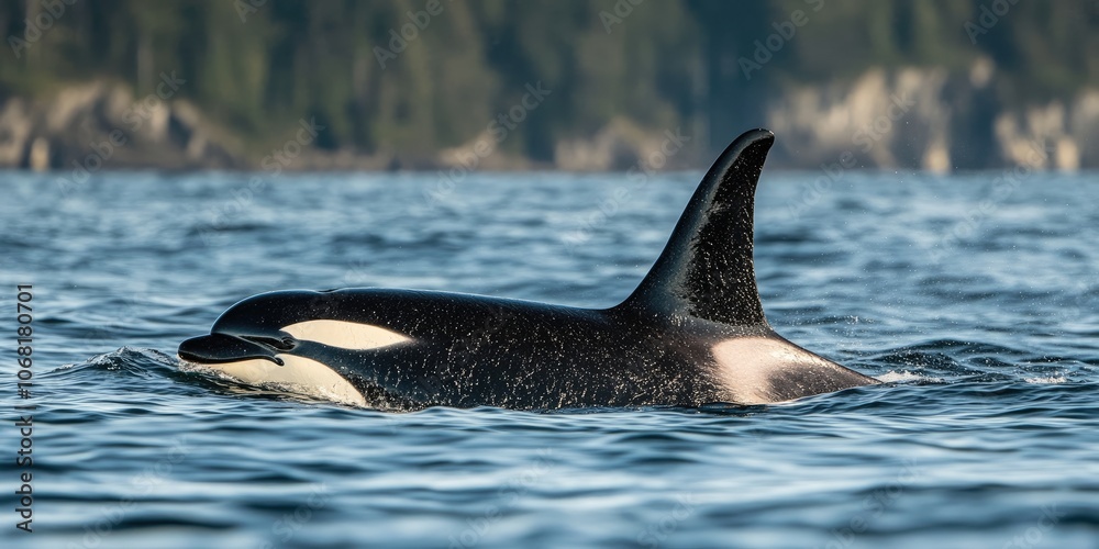 Fototapeta premium A large whale is swimming in the ocean with its tail flapping