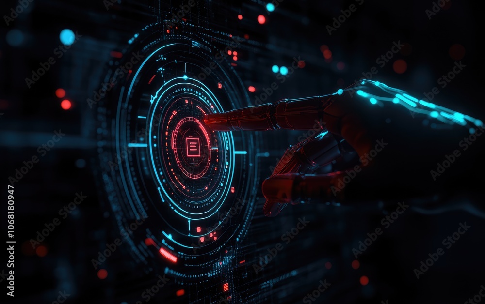 Obraz premium A hand is pointing to a red square on a screen