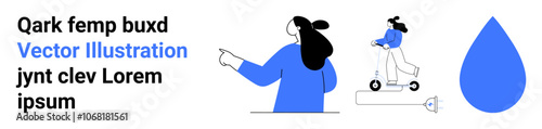 Two women in different activities, one pointing, another riding a scooter. Includes a large blue water drop and text. Ideal for apps, websites, digital marketing, education, adverts, social media