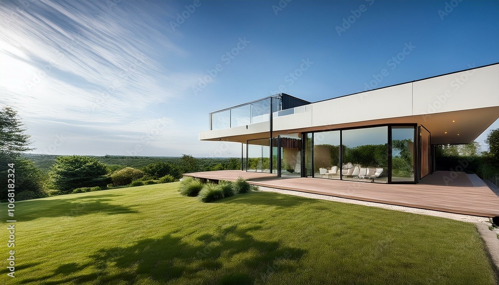 Obraz premium Modern Minimalist House with Expansive Glass Facade and Garden Views
