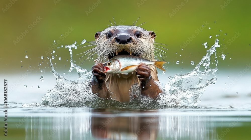 Playful Otter Catching Fish in Clear Water Playful Otter Catching Fish in Clear Water