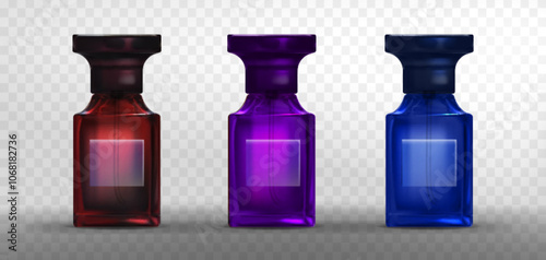 Transparent glass bottle for fragrance. Red, purple and blue perfumery product glazing container with sprayer and lid. Realistic 3d vector illustration set of perfume water packaging flacon mockup.