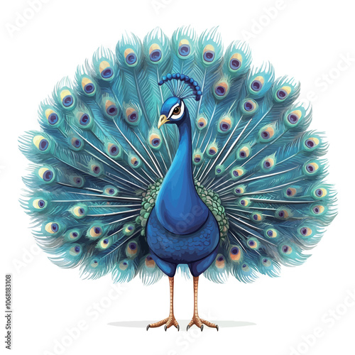 Beautiful peacock with feathers isolated on white background. Vector illustration. 