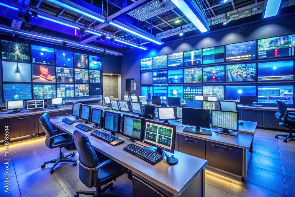 a room with many monitors and a blue and red light a room with many monitors and a blue and red light