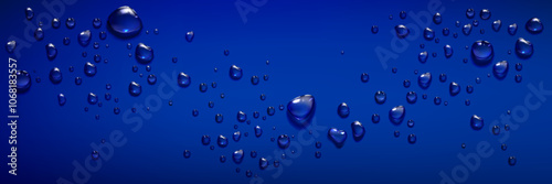 Water drops on blue background. Vector realistic illustration of wet window or wall covered with rain droplets, aqua spray effect on surface, cosmetic moisture serum or gel blobs texture, condensation