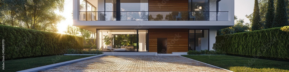 Modern house with wood accents, white walls, and a moss brick driveway. Modern house with wood accents, white walls, and a moss brick driveway.