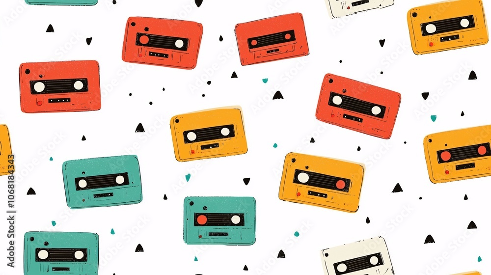 Retro Cassette Pattern on Colorful Background Retro Cassette Pattern on Colorful Background