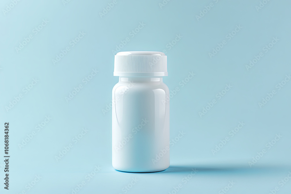 White pill bottle on light blue background
White pill bottle on light blue background