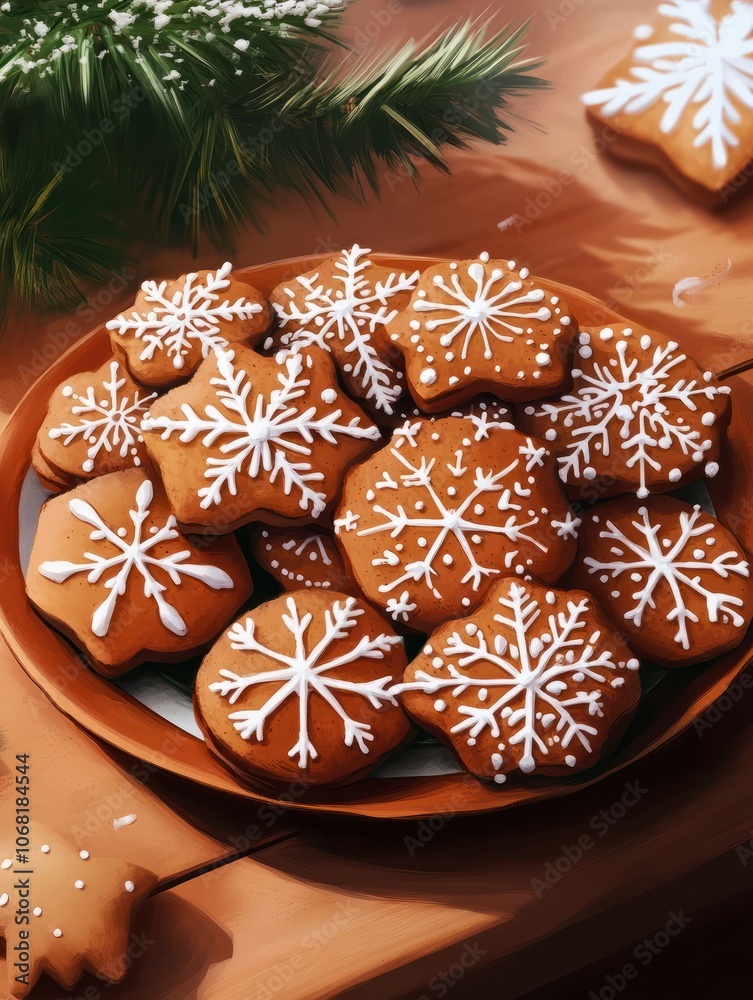 Plate of gingerbread cookies decorated with icing for christmas celebration Plate of gingerbread cookies decorated with icing for christmas celebration