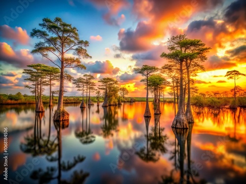 Captivating Tilt-Shift Photography of Cypress Trees at Sunset in Big Cypress National Preserve, Showcasing Nature's Serenity and the Beauty of Florida's Wetlands photo