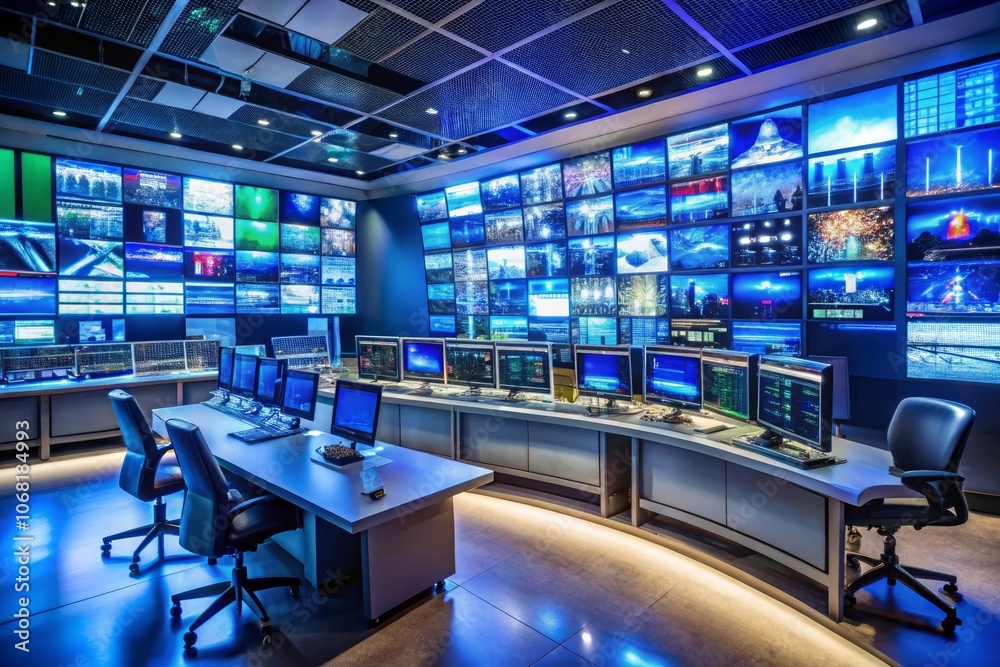 a computer room with many monitors and a blue wall with the words the word on it a computer room with many monitors and a blue wall with the words the word on it