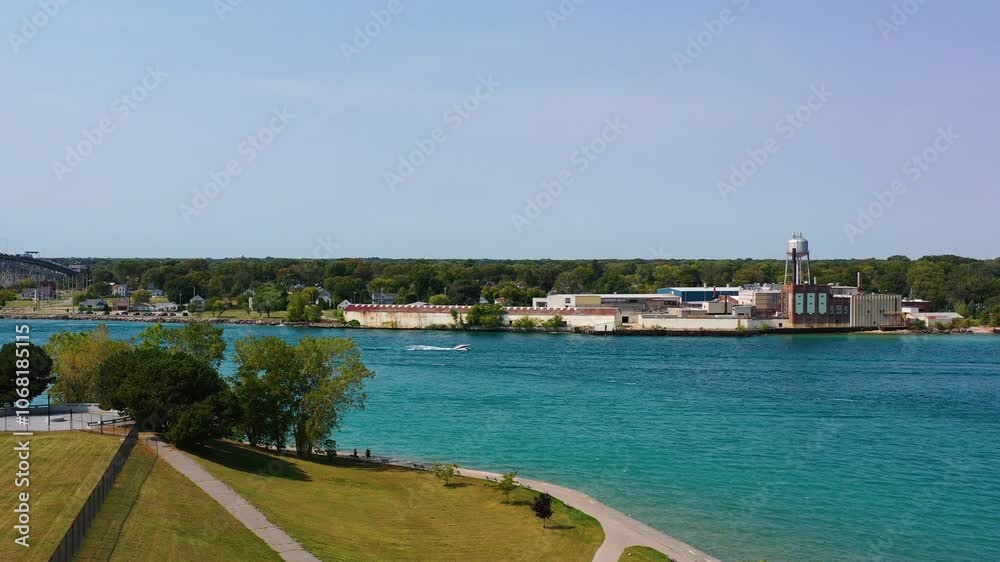 Aerial ascending from Port Huron in front of the St Clair river and Sarnia, Canada Aerial ascending from Port Huron in front of the St Clair river and Sarnia, Canada