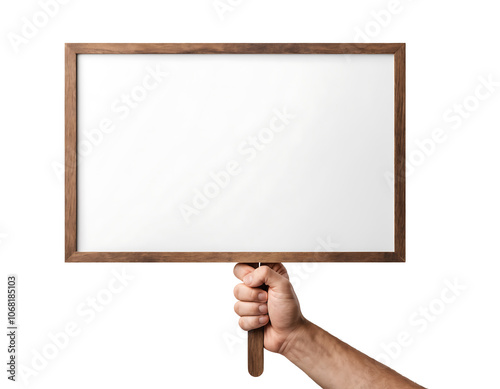 A male hand holds a blank wooden protest banner against a white background, The banner is clean, smooth, ready for text or design, The image is a PNG cutout with isolated white transparent background
