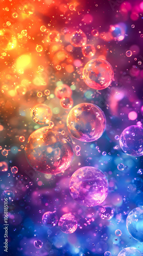 A vertical background in neon colors a kaleidoscope of soap bubbles a rainbow of shades and light to create a festive mood and creative design projects with air bubbles