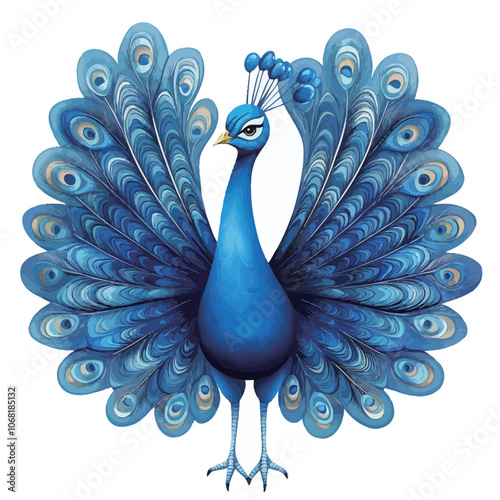 Blue peacock isolated on white background. 3d render illustration. 