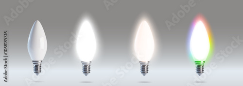 Turned off and on led light bulb collection with warm and cold temperature and rgb color of illumination. Realistic 3d vector illustration set of modern cfl economical electric energy power equipment.