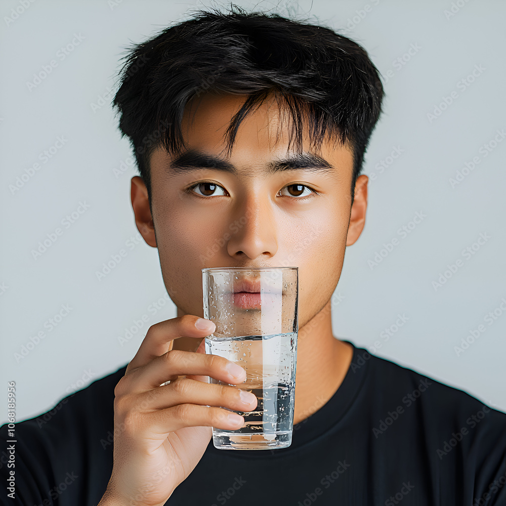 Young Asian Male Portrait Drinking Clear Water in Minimalist Studio Setting Young Asian Male Portrait Drinking Clear Water in Minimalist Studio Setting
