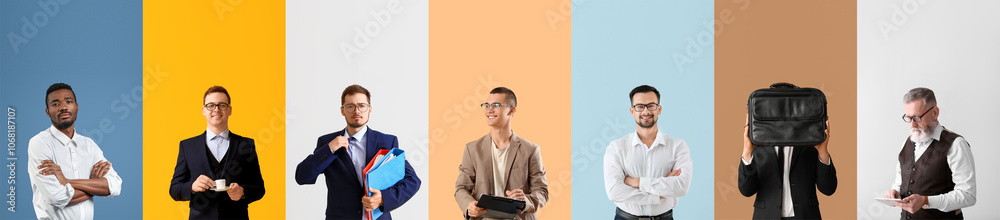 Set of handsome businessmen on color background