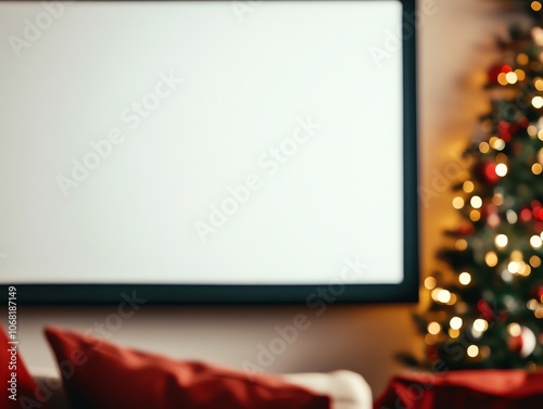 Christmas movies playing on a projector screen, focus on holiday traditions and cozy nights, family living room photo