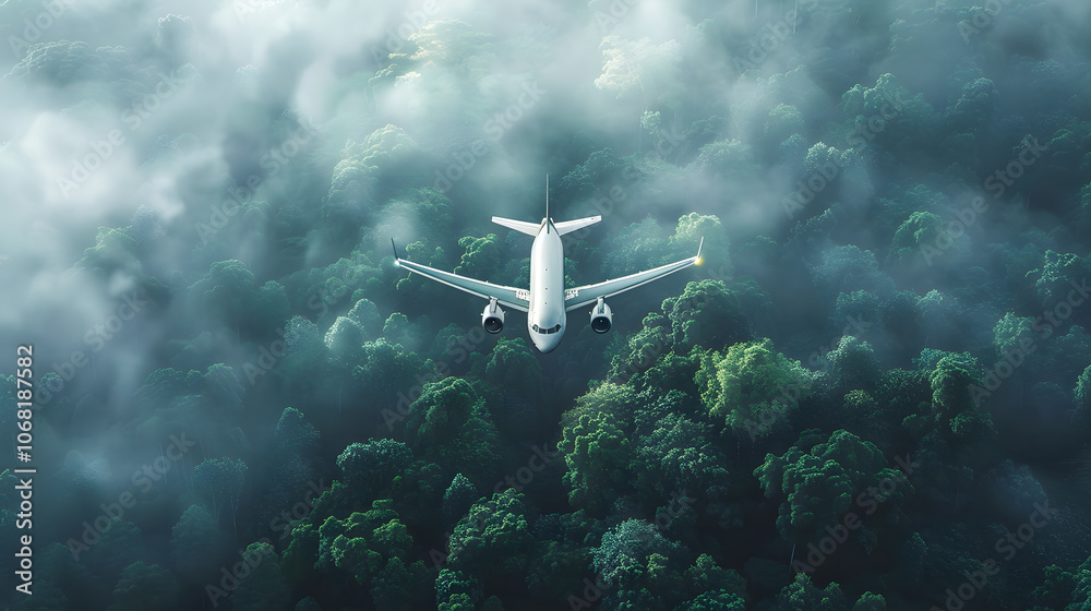 Fototapeta premium An environmental sustainable biofuel concept of a white airplane flying over green trees, creating an aerial view of the aircraft and its engines against a backdrop of a dark misty, foggy rainforest