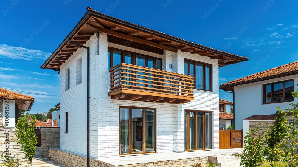 Minimalist house in Bulgarian village with tan balcony and white brick, blue sky view. Minimalist house in Bulgarian village with tan balcony and white brick, blue sky view.