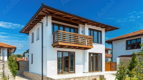 Minimalist house in Bulgarian village with tan balcony and white brick, blue sky view.