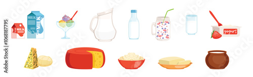 Fresh Dairy Product and Food Item Vector Set