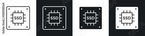 SSD drive icon in solid and outlined style. black and white colors