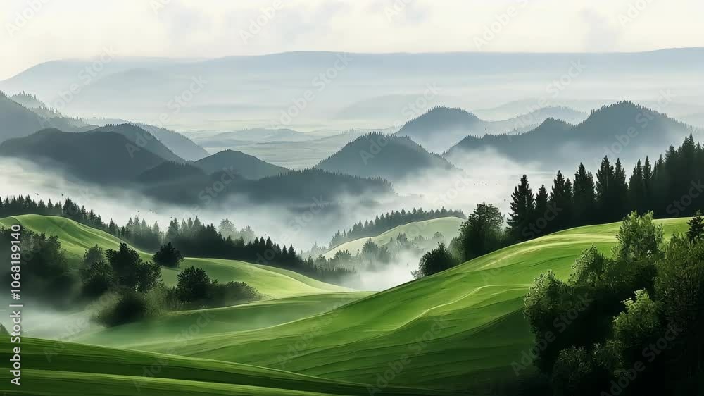 Rolling green hills stretch out beneath a misty sky, creating a serene landscape in the early morning