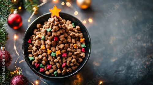 A festive bowl of cat food shaped like a Christmas tree with treats on top. photo