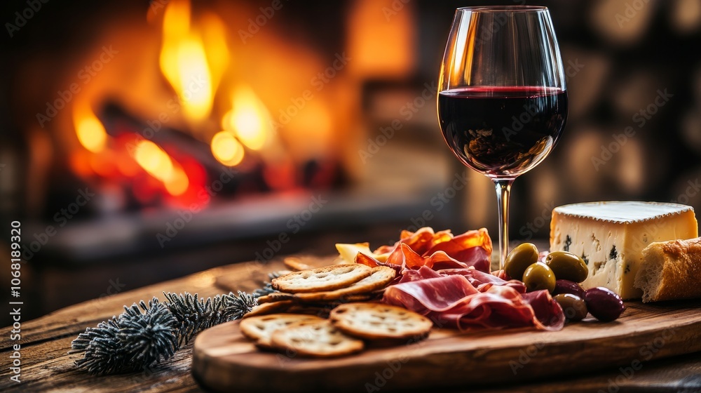 A cozy environment in the winter. With a fire in the fireplace in the background, there is red wine and a snack tray on a wooden board with cheese, bread, prosciutto, and olives.
A cozy environment in the winter. With a fire in the fireplace in the background, there is red wine and a snack tray on a wooden board with cheese, bread, prosciutto, and olives.