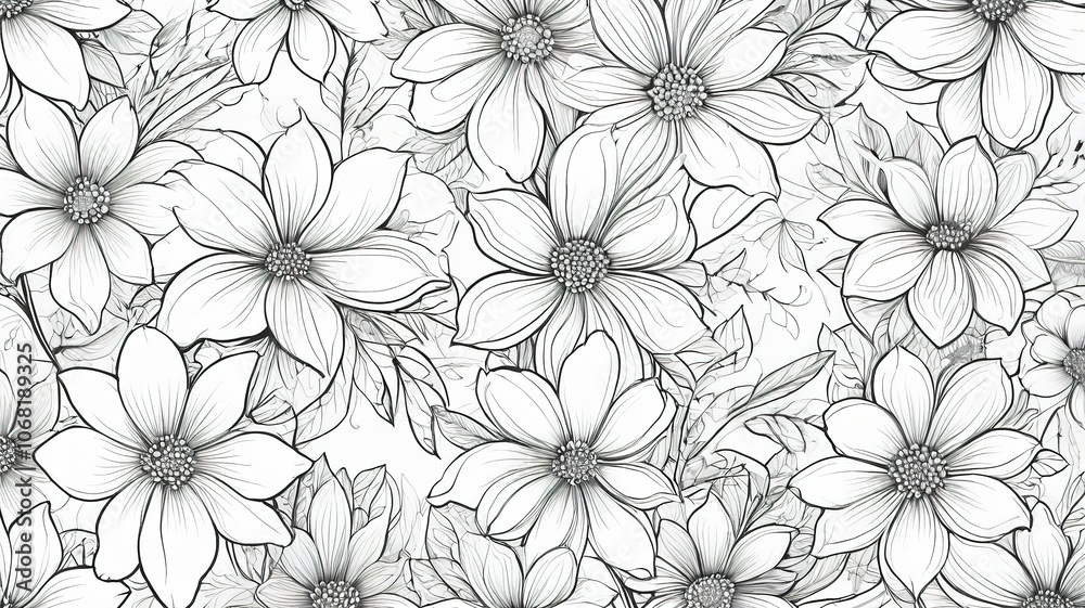 Seamless floral line pattern with elegant, linear flower design, style. Seamless floral line pattern with elegant, linear flower design, style.