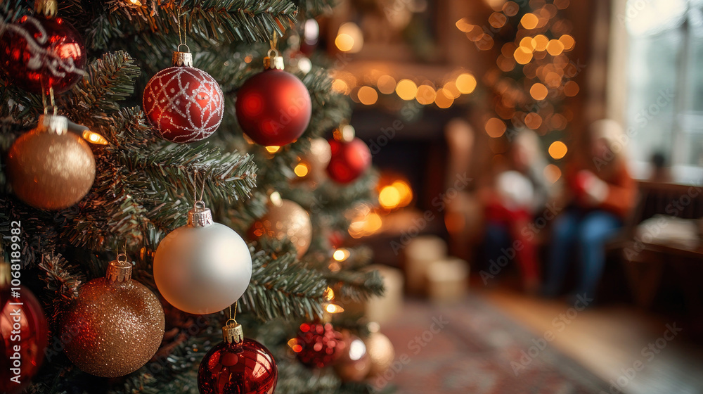 Gifts decorated on the indoor Christmas tree, blurry figures Gifts decorated on the indoor Christmas tree, blurry figures