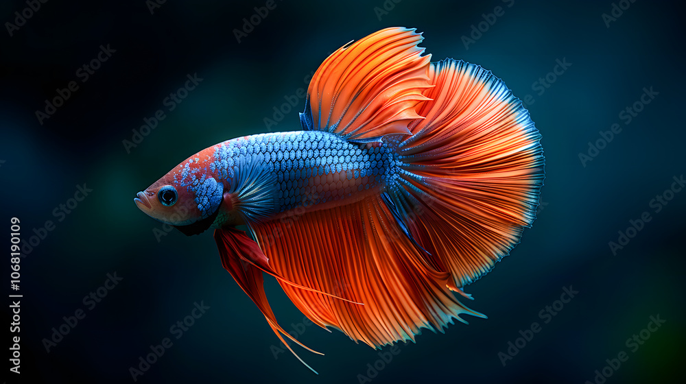 Betta fish, Siamese fighting fish, Betta splendens, Fighting fish. Capture the moving moment of betta fish or red-blue siamese fighting fish isolated on black background Betta fish, Siamese fighting fish, Betta splendens, Fighting fish. Capture the moving moment of betta fish or red-blue siamese fighting fish isolated on black background