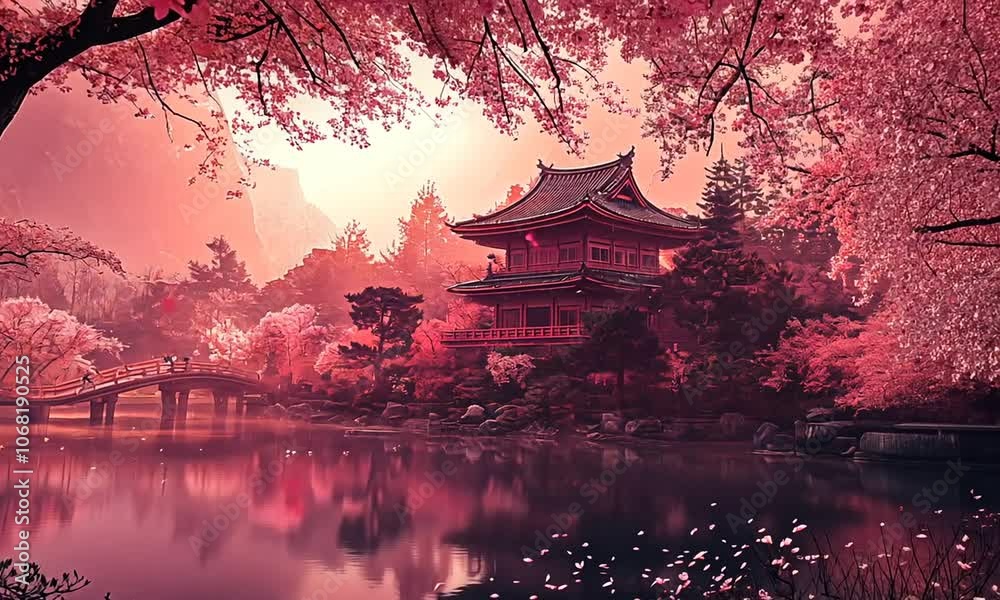 A Red Pagoda Reflecting in a Tranquil Pond Under a Pink Sakura Sky A Red Pagoda Reflecting in a Tranquil Pond Under a Pink Sakura Sky